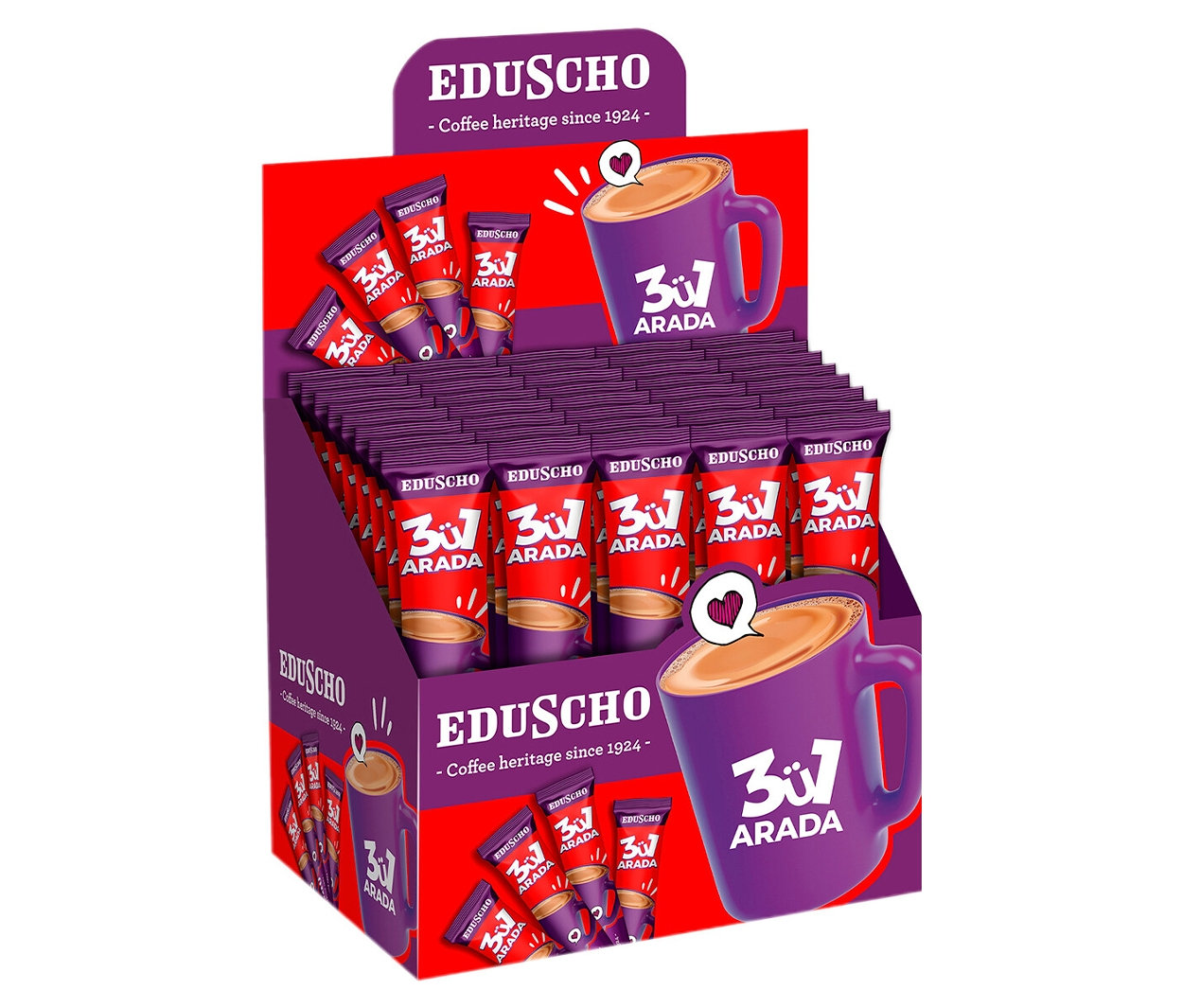 Birçok tekli Eduscho 3'ü 1 Arada kahve paketlerinin bulunduğu bir stant.