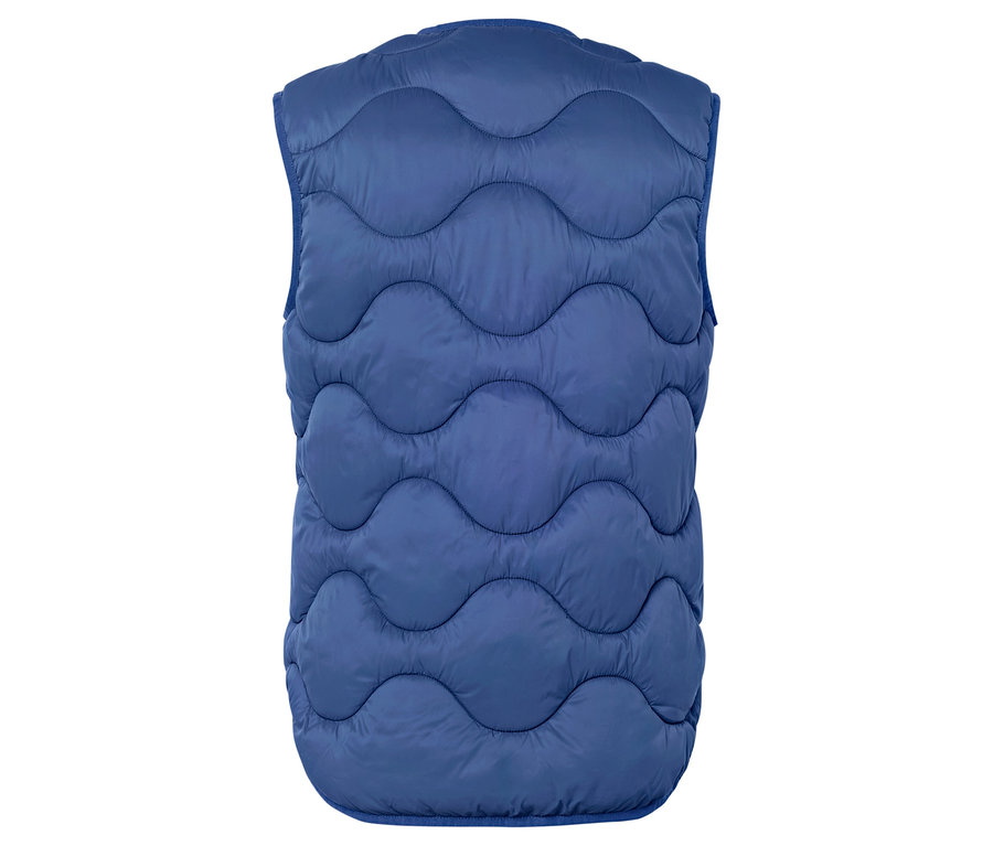 Lacivert kapitone yeleğin arka görünümü.