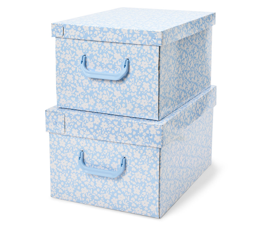 Üst üste istiflenmiş, mavi çiçek desenli ve mavi kulplu iki saklama kutusu.