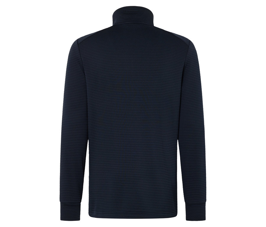 Lacivert, uzun kollu, balıkçı yaka bir üst giysinin arka görünümü.