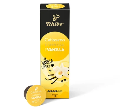 Beyaz bir arka planda bir paket Cafissimo Flavoured Espresso - Vanilya - 10 kapsül ve tek bir kapsül.