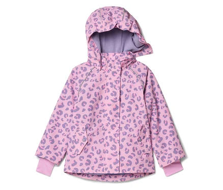Pembe, kapüşonlu, mor leopar desenli çocuk ceketi.