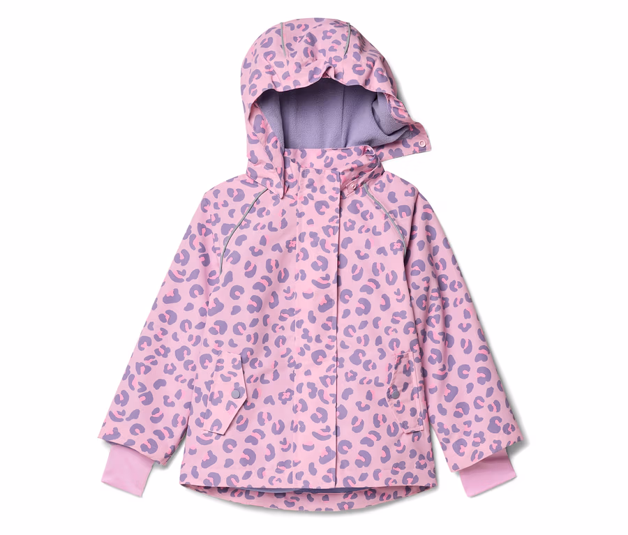 Pembe, kapüşonlu, mor leopar desenli çocuk ceketi.