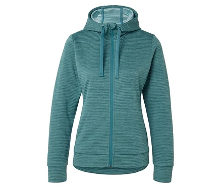 Beyaz bir arka plan önünde turkuaz renkli, fermuarlı bir kapüşonlu sweatshirt gösteriliyor.