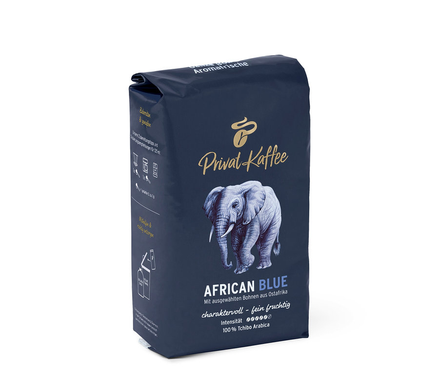 Fil resmi olan bir paket Privat Kaffee African Blue Çekirdek kahve.