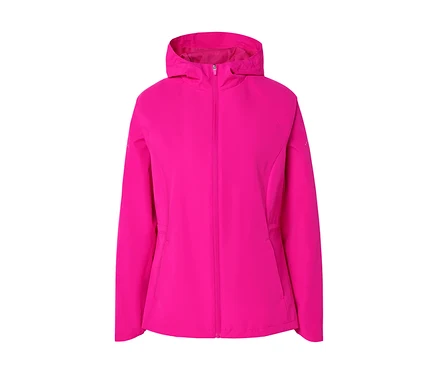 Kapüşonlu, pembe, astarlı bir ceket fermuarla kapatılmıştır.