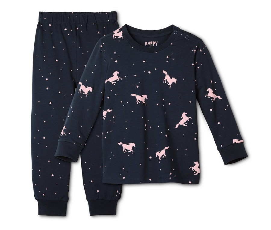 Pembe atlar ve yıldızlarla süslenmiş lacivert organik pamuklu pijama takımı.