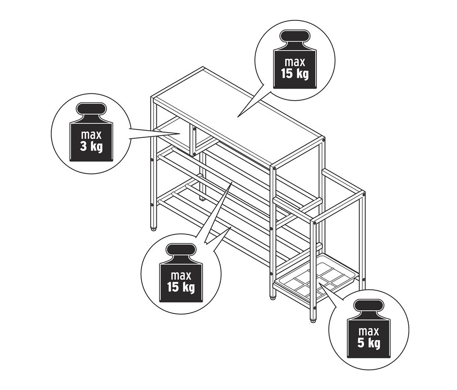 Metal koridor rafının, depolama raflarının ve çeşitli ağırlık sınırlarının illüstrasyonu.
