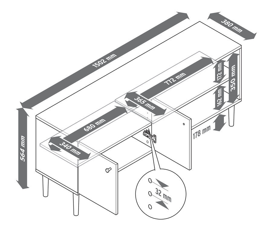 2 Kapaklı ve 2 Açık Bölmeli Alçak Büfe'nin boyutları gösteren çizimi. 
