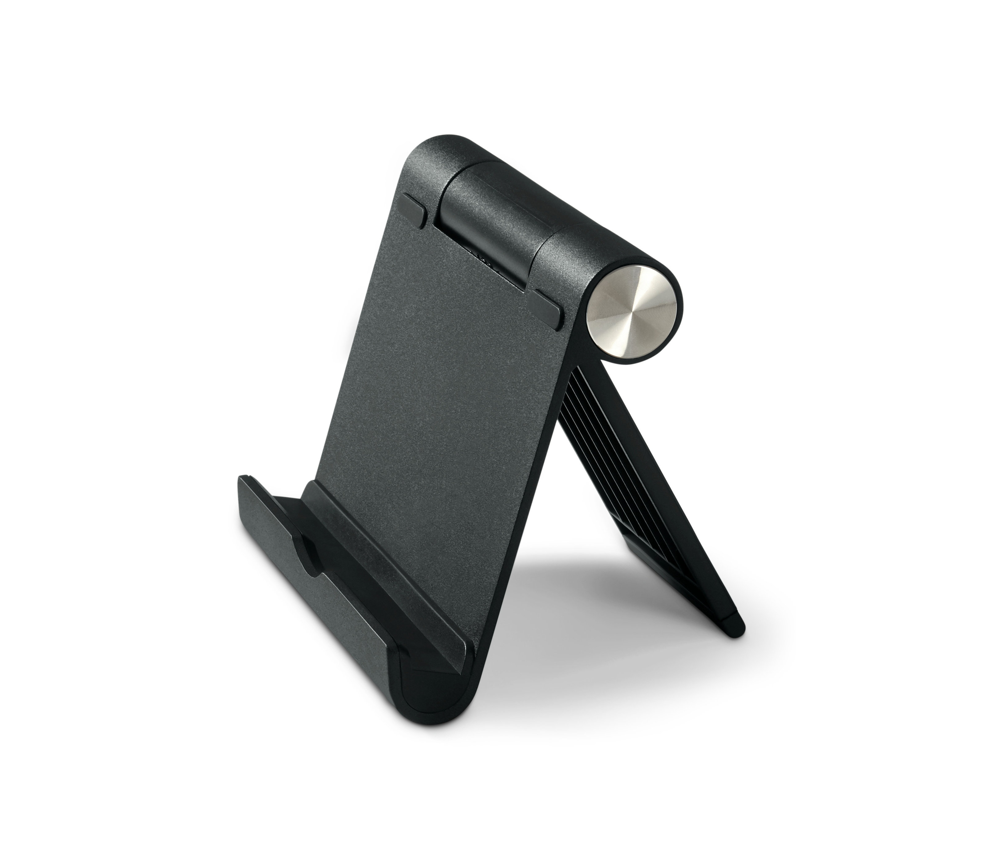 Beyaz arka planda siyah akıllı telefon ve tablet standı.