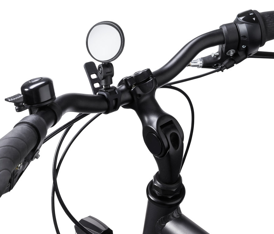 Mini bisiklet aynası olan siyah bir bisiklet gidonunun yakın çekimi