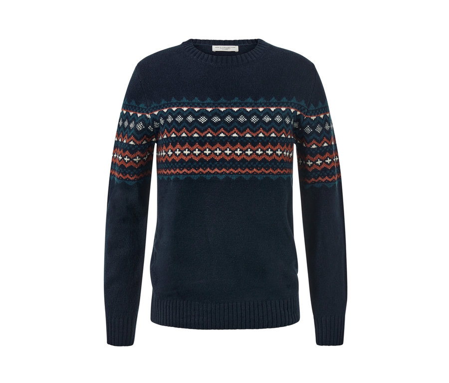 Geometrik desenli lacivert örgü kazak.