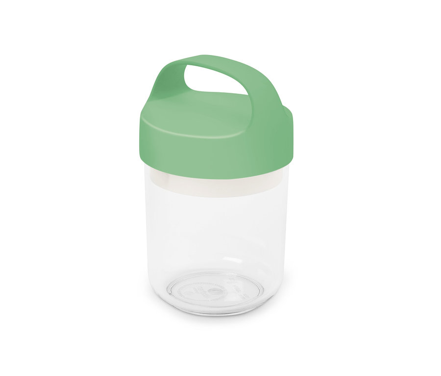 Açık yeşil kapaklı, şeffaf, tutamaklı küçük kap.