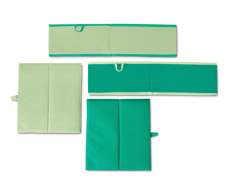 İki adet yeşil çekmece düzenleme kutusu, büyük boy, biri daha açık ve biri daha koyu, her ikisi de beyaz bir arka planda açık halde.