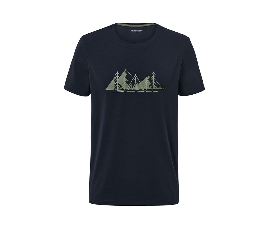 Dağ, çadır ve ağaç baskılı lacivert tişört