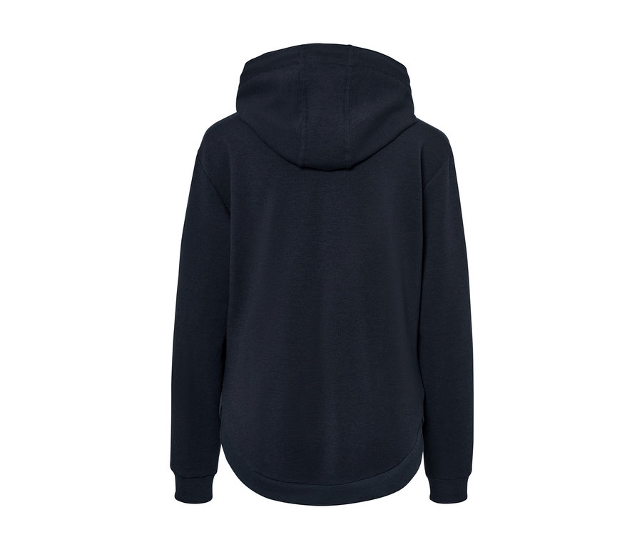 Arkadan görünümü lacivert kapüşonlu sweatshirt.