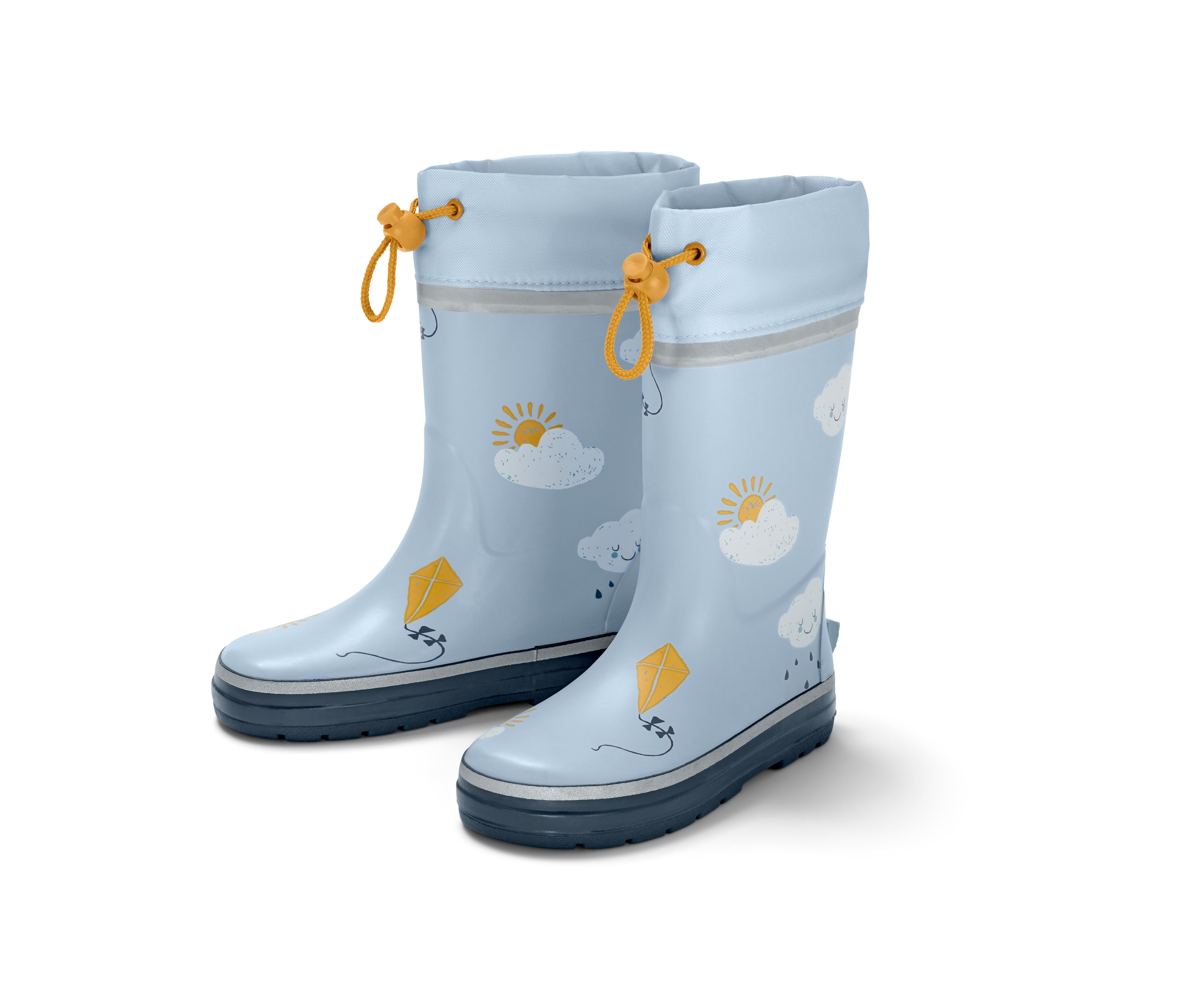 Bulut baskılı açık mavi çocuk yağmur çizmesi.