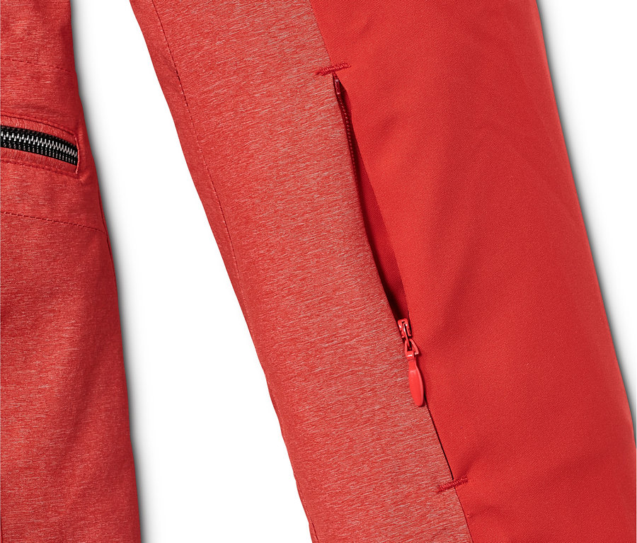 Fermuarlı kırmızı softshell kayak montunun detayı.