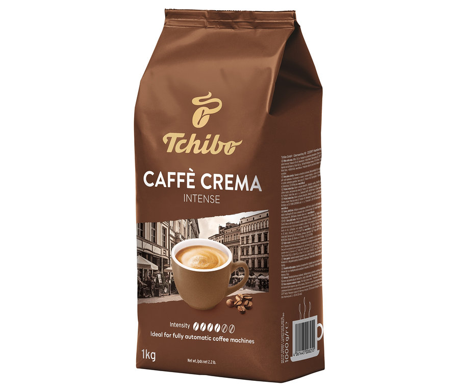 Kahverengi paket Tchibo Caffè Crema Intense kahve çekirdekleri, 1 kg.