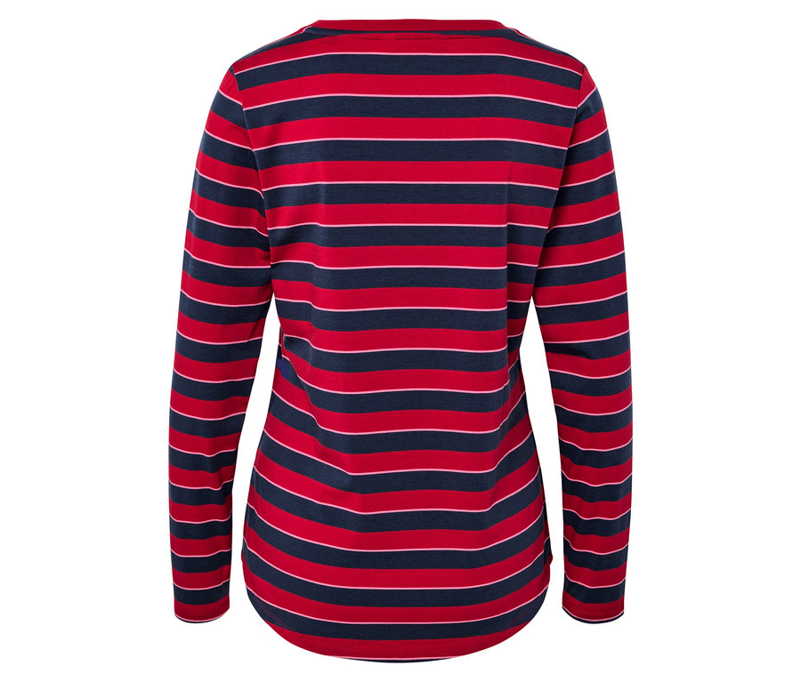 Kırmızı ve mavi çizgili, uzun kollu bir tişörtün arka görünümü.