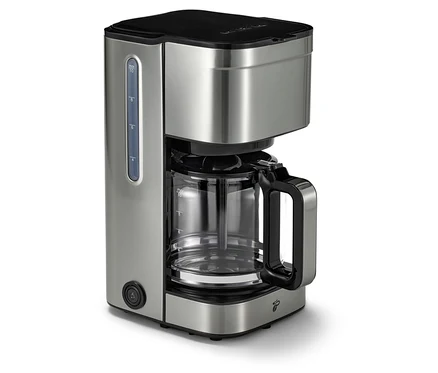 Gümüş renkli »Let's Brew Elegant« Filtre Kahve Makinesi'nin yakın çekim görüntüsü.