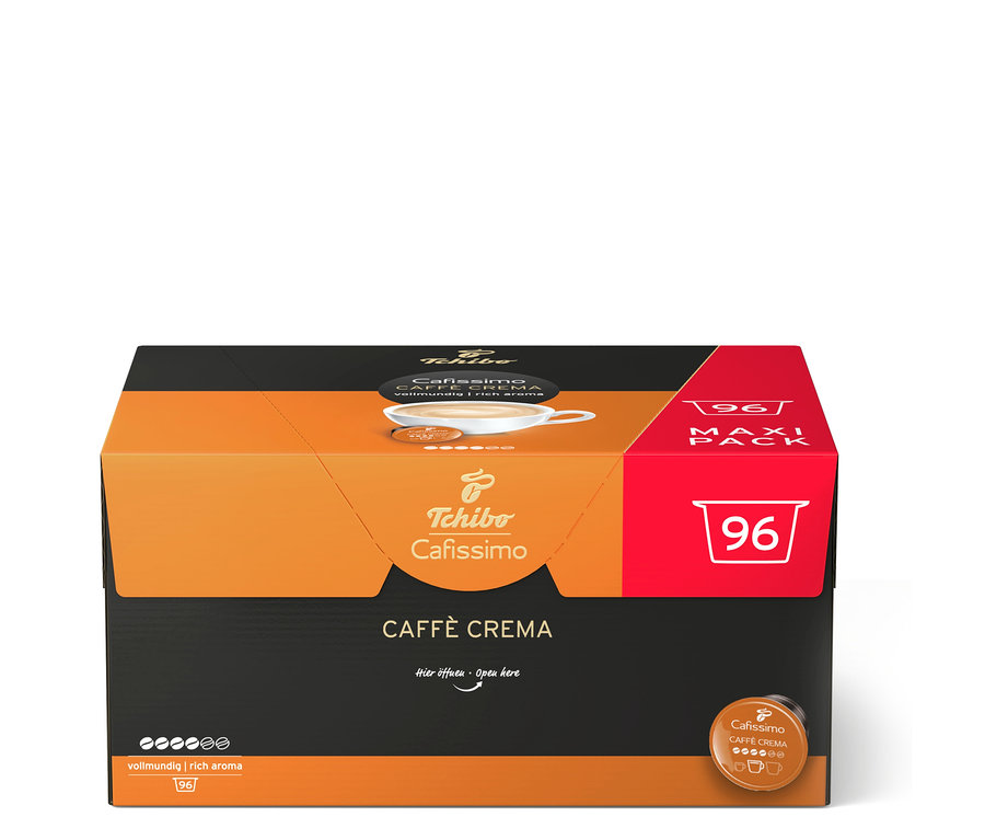 Tchibo Cafissimo Caffè Crema Rich Aroma 96 kapsül içeren turuncu-siyah bir kutu.