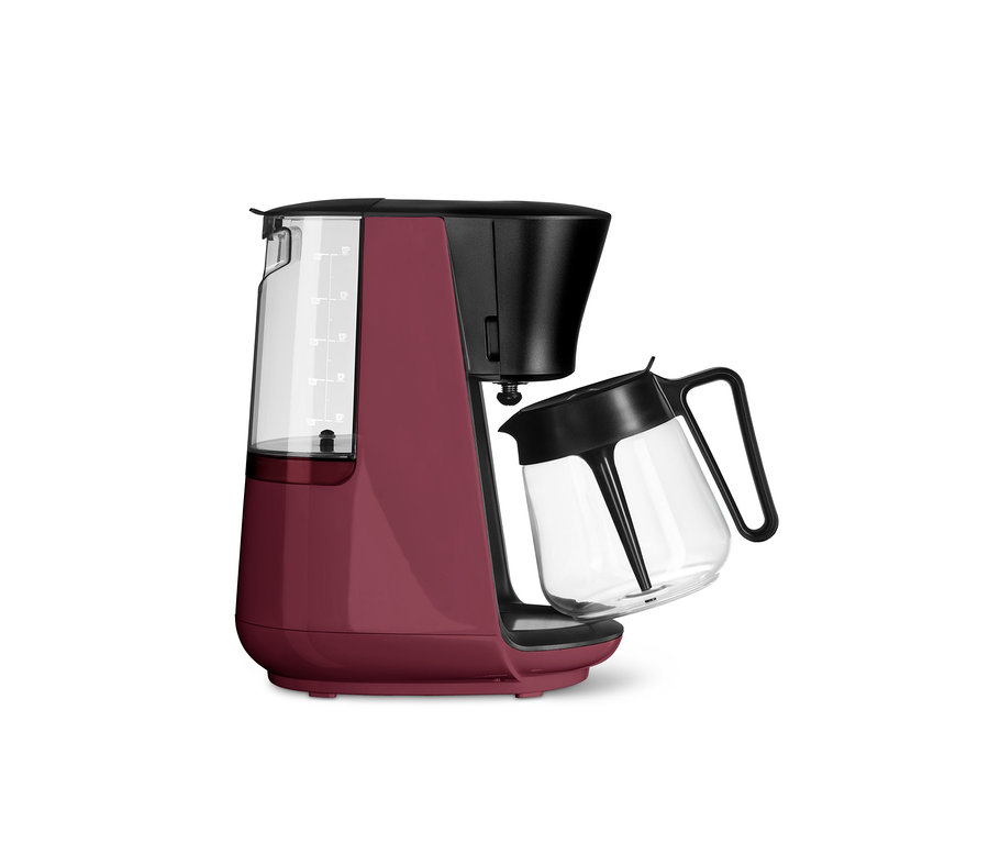 Berry renkli, şeffaf su haznesi ve cam sürahisi olan »Let's Brew« Filtre Kahve Makinesi.