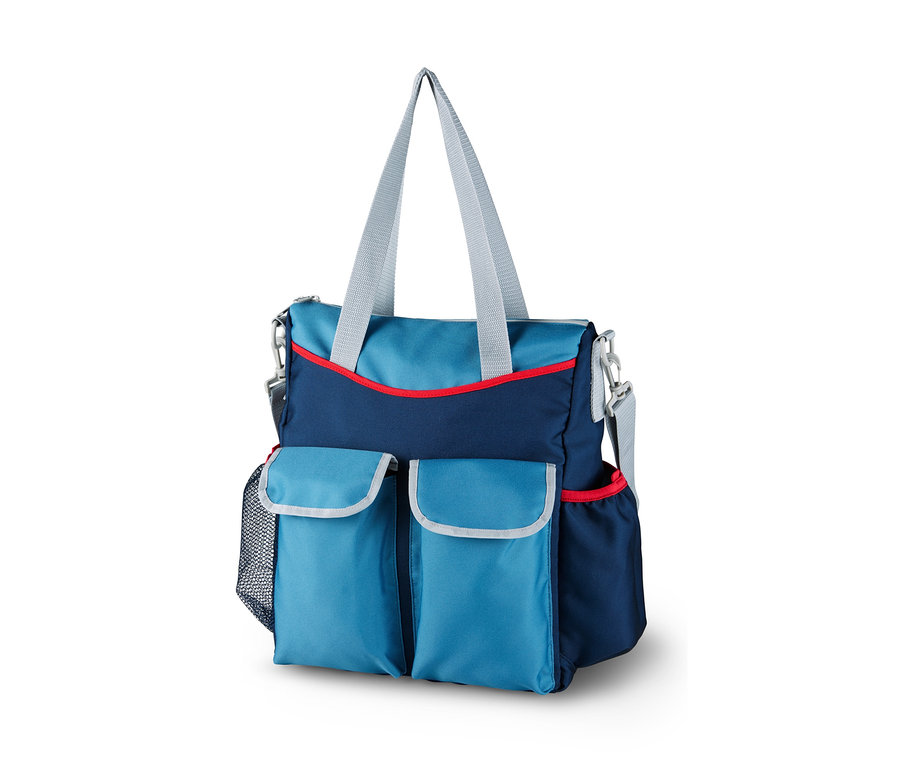 Cepli, mavi bisiklet ve omuz çantası.