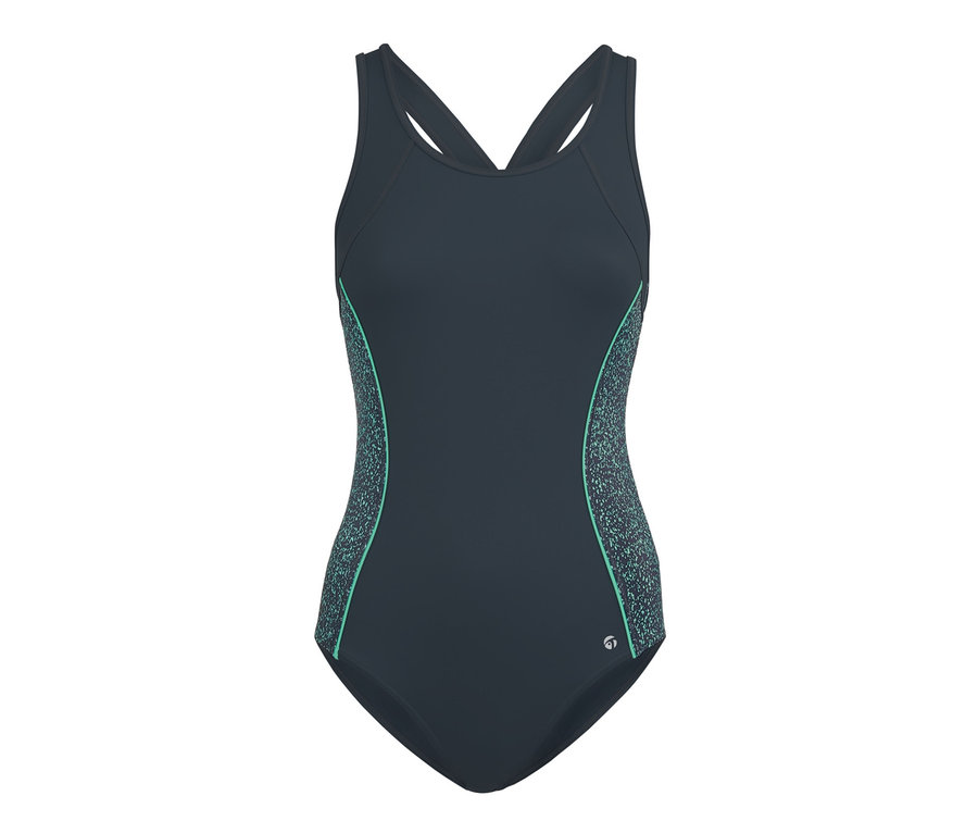 Turkuaz yanları olan siyah bir spor mayo.