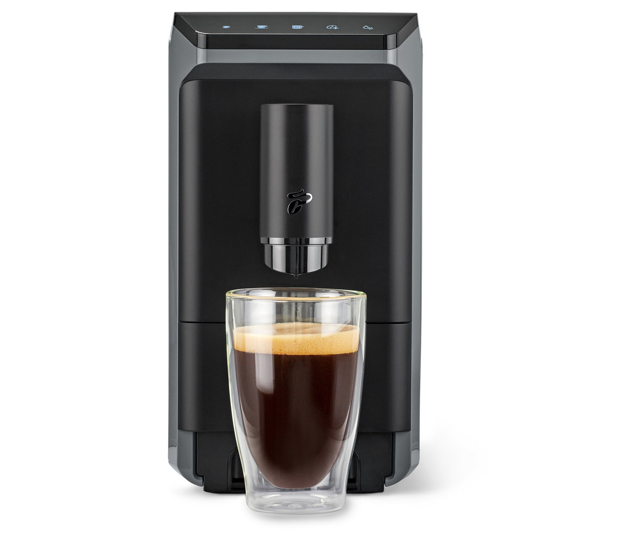 Siyah bir »Esperto mini« kahve makinesi ve bir fincan kahve.