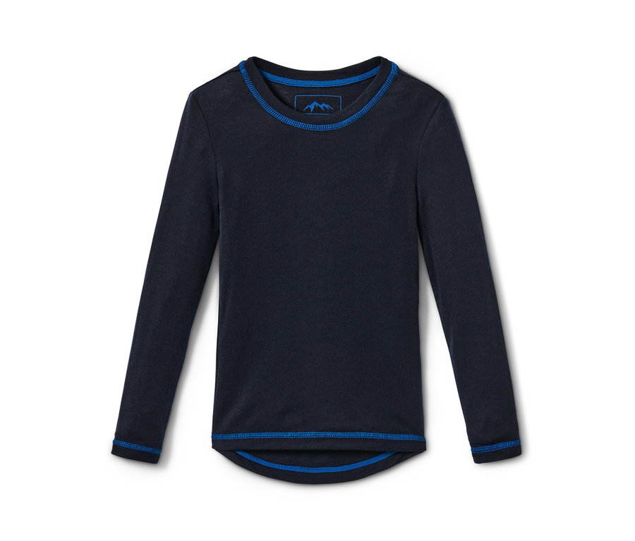 Lacivert, uzun kollu, mavi detaylı çocuk fonksiyonel içlik takımı.