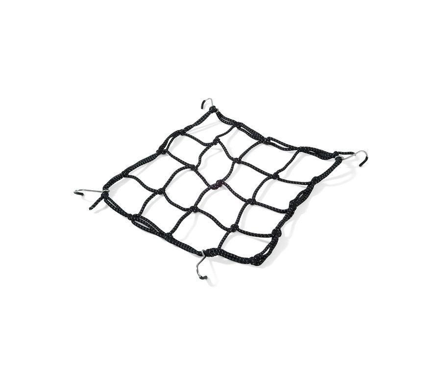 Köşelerinde kancaları olan siyah bisiklet sepeti filesi.