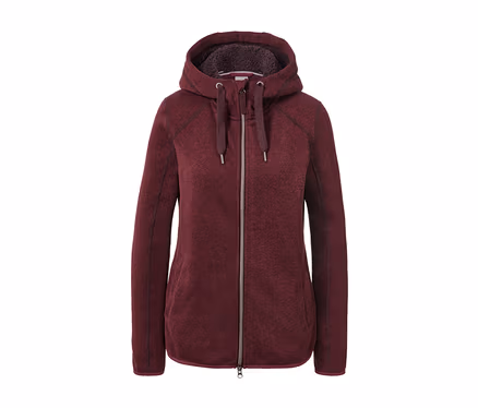 Bordo renkli, fermuarlı ve kapüşonlu peluş örgü polar hırka.