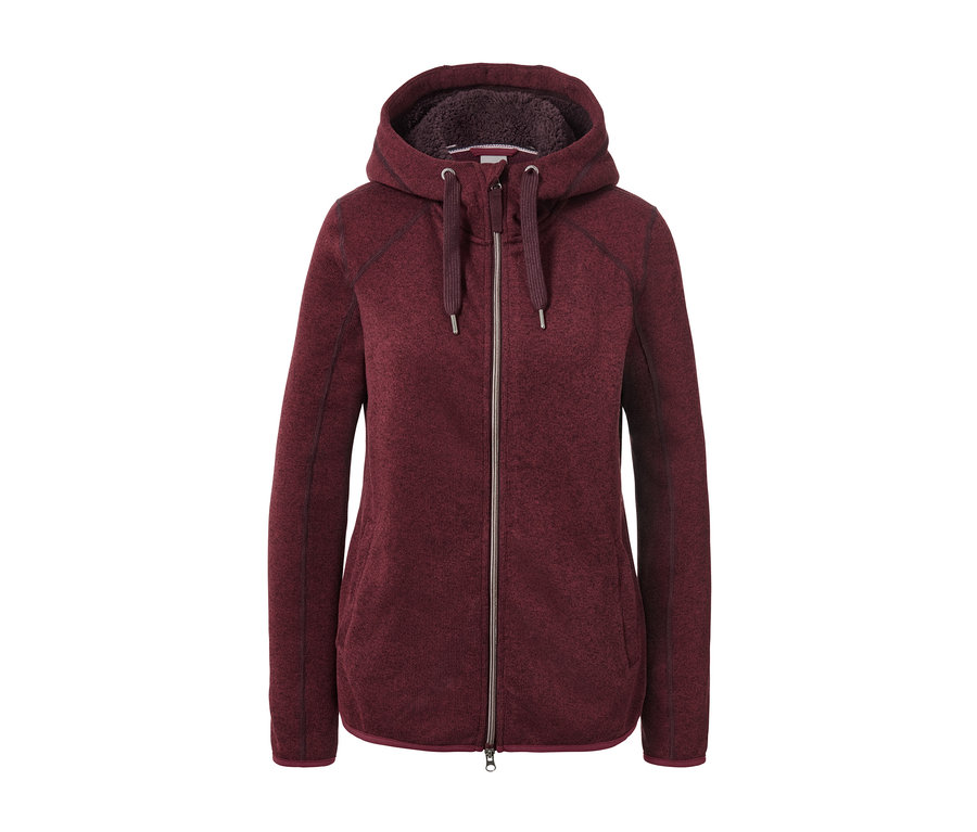 Bordo renkli, fermuarlı ve kapüşonlu peluş örgü polar hırka.