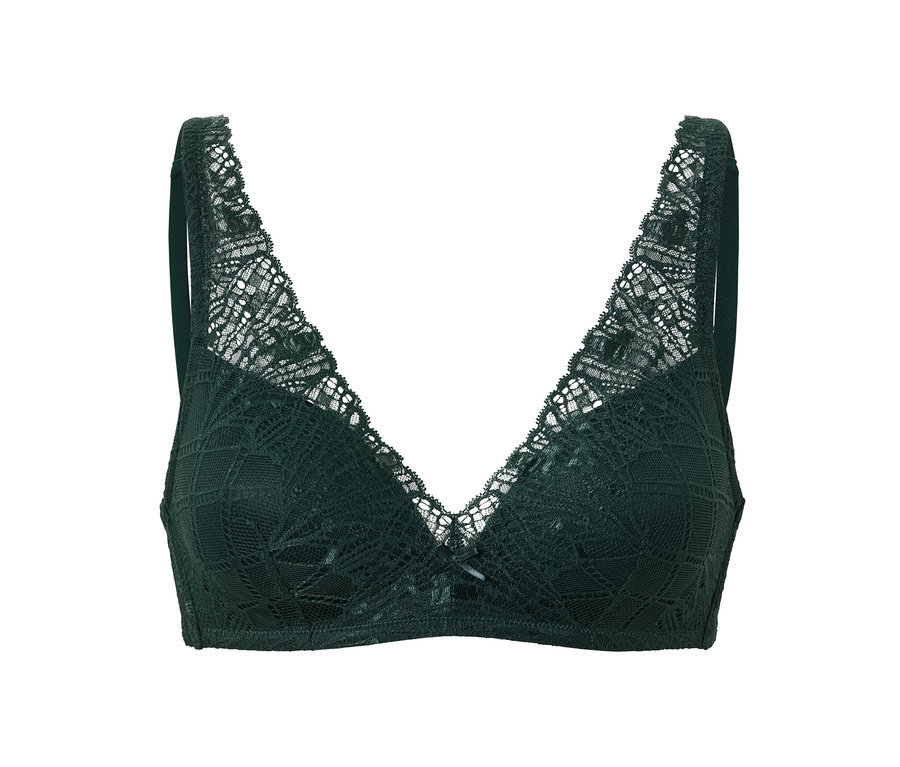 Koyu yeşil, yumuşak dolgulu sütyenin yakın çekim görüntüsü.