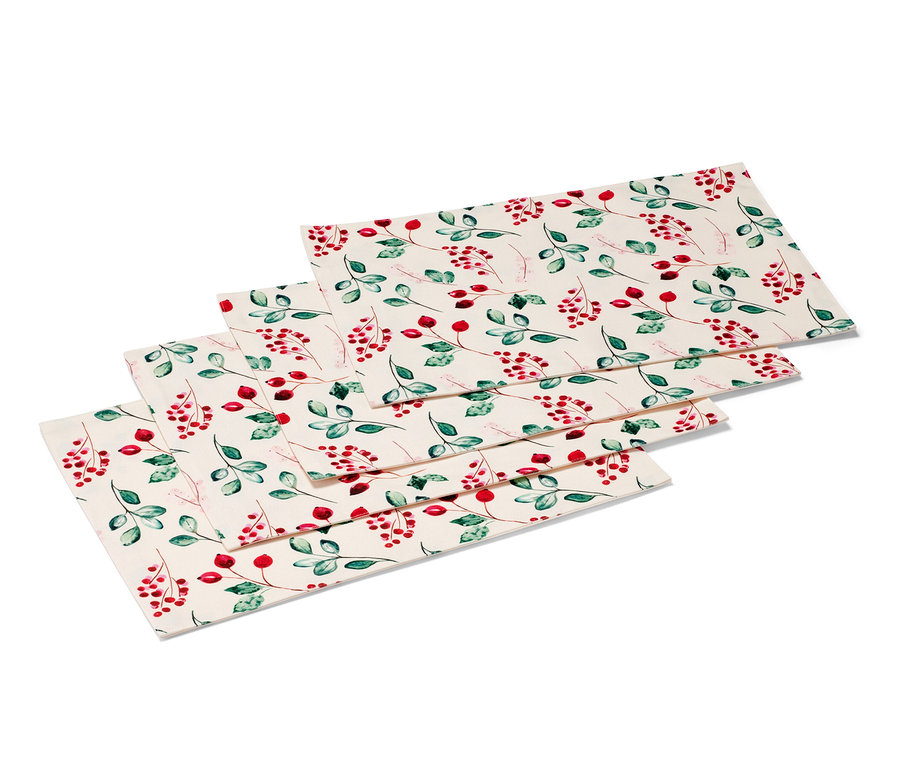 Kırmızı meyveli ve yeşil yapraklı desene sahip dört adet çift taraflı Amerikan servisi.