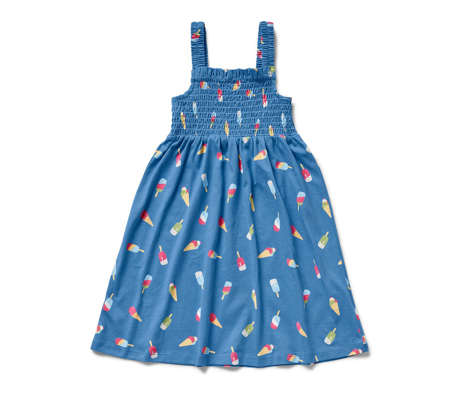 Dondurma desenli mavi askılı elbise.