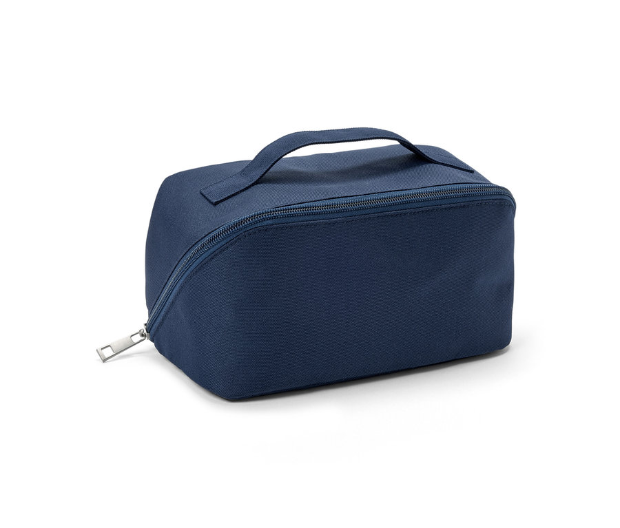 Fermuarı ve sapı olan mavi makyaj çantası.