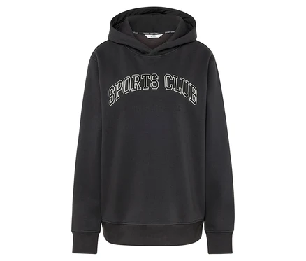 Üzerinde spor yazısı olan siyah kapüşonlu sweatshirt.