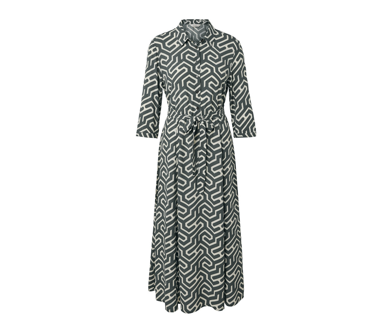 Düğmeli, üç çeyrek kollu ve kemerli, baskılı gömlek elbise. 