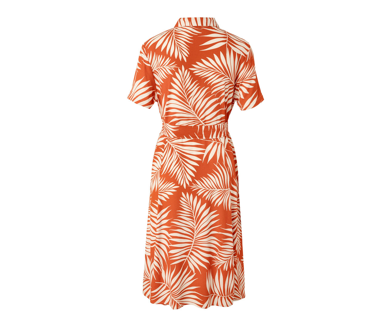 Yaprak baskılı gömlek elbisenin detayı.