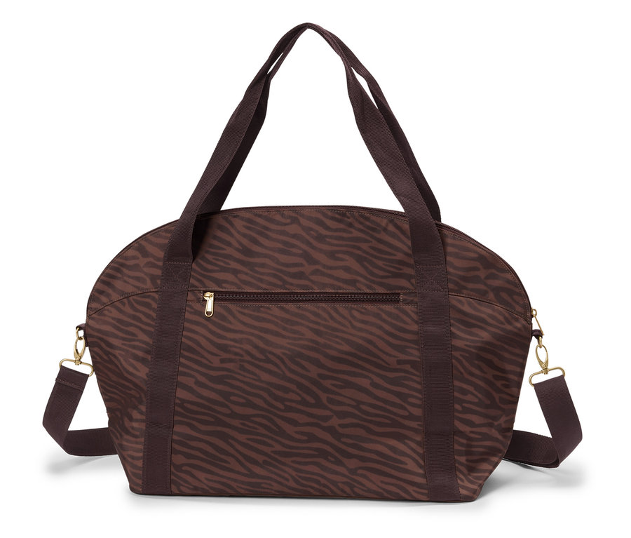 Zebra desenli, fermuarlı ve askılı kahverengi çanta.