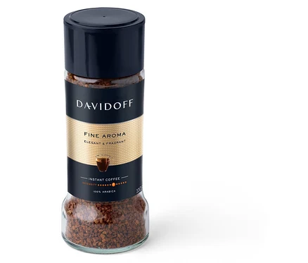 Beyaz bir arka planda DAVIDOFF CAFÉ Fine Aroma 100g Instatkaffee cam şişesi.