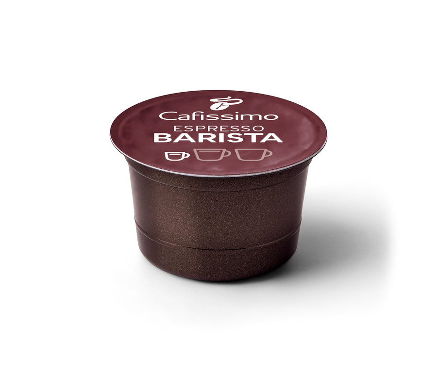 Kahverengi bir Cafissimo BARISTA Espresso kapsülünün yakın çekimi.