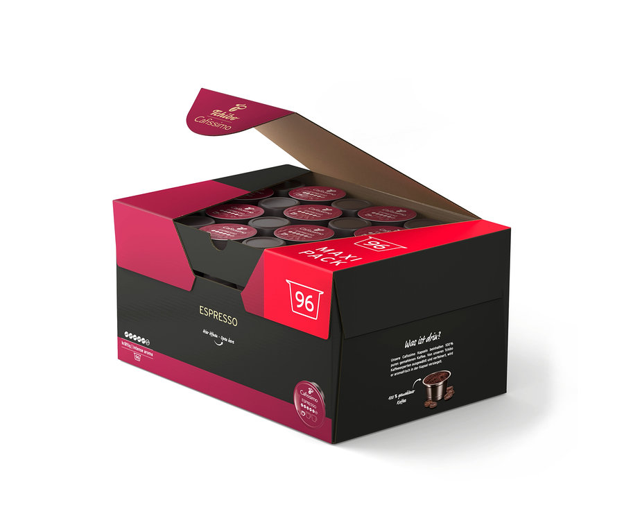 Açık siyah ve koyu kırmızı renkli kutuda 96 adet Tchibo Cafissimo Espresso Intense Aroma kapsülü.