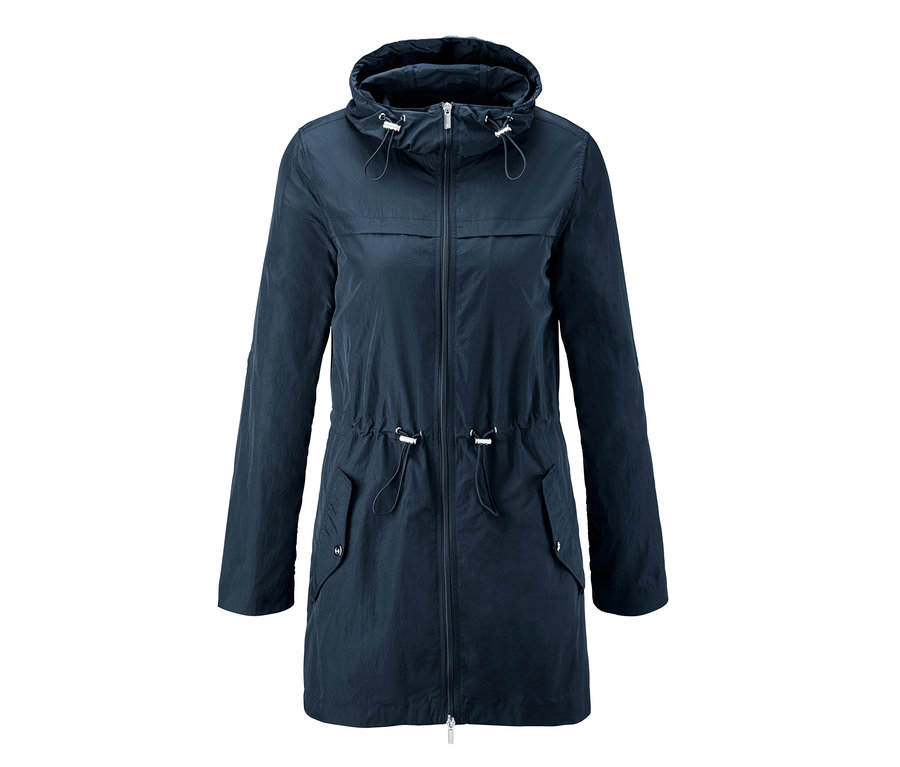 Lacivert kapüşonlu ve beli büzgülü hafif parka.
