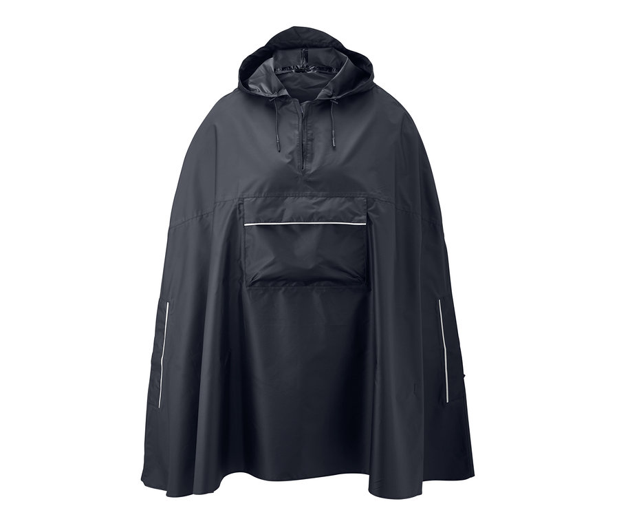 Kapüşonlu ve cepli siyah, unisex yağmur pançosu.