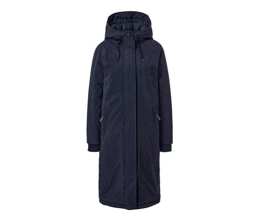 Kapüşonlu, lacivert, ekstra uzun termal mont.