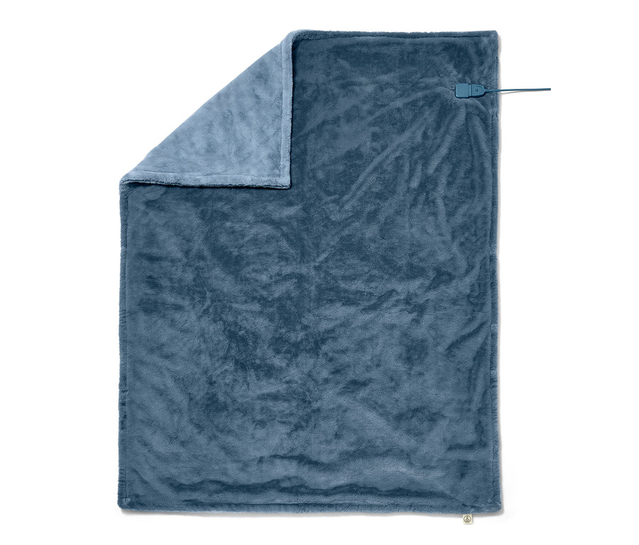 Mavi renkli, ısıtıcılı battaniye ve kontrol paneli. 