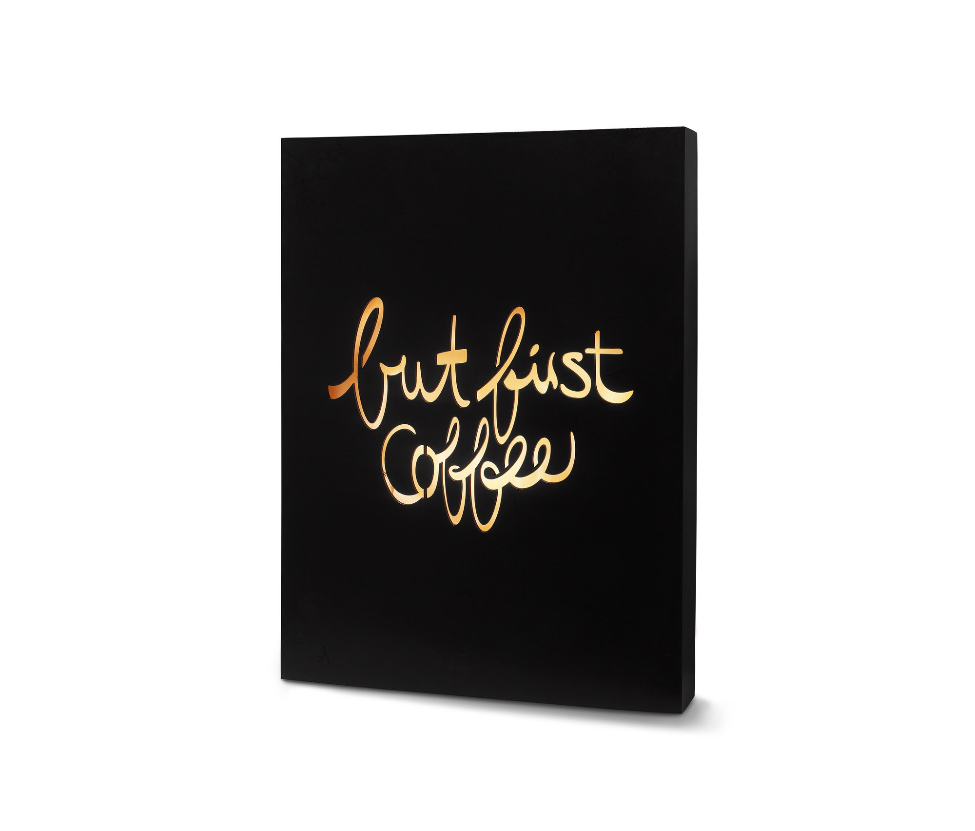 Siyah LED Işık Kutusu »But First Coffee« altın yazılı.
